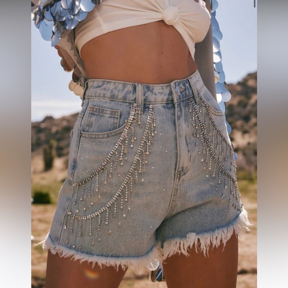 Rhinestone denim shorts - 12th Tribe